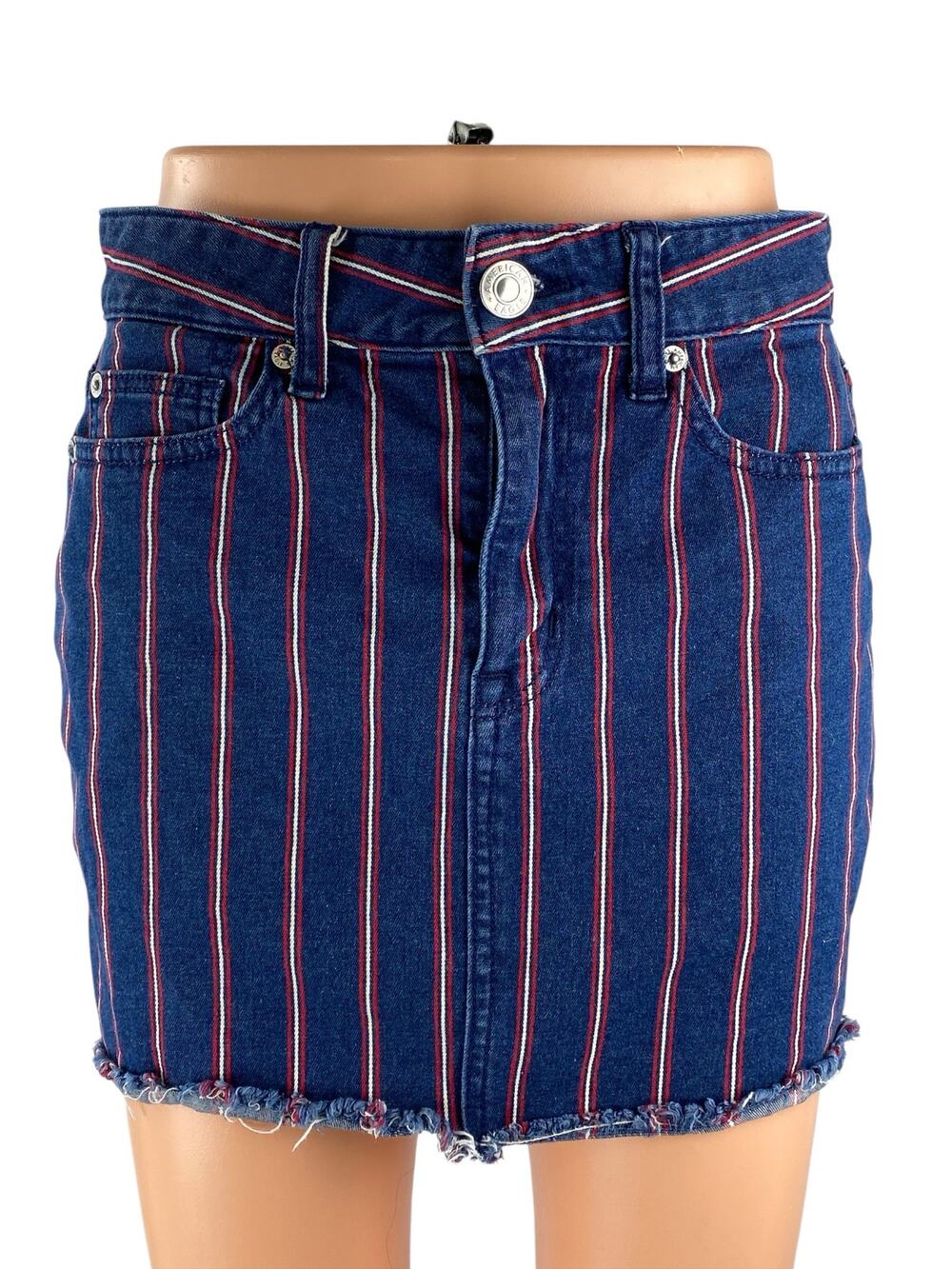 American Eagle Super Stretch Blue Striped Frayed Mini Denim Jean Shorts Size 2